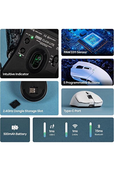 Epomaker Click Lite Wireless Gaming Mouse, 800–12,000 DPI, PAW3311, 500mAh, 59g, Tri-mode (White)