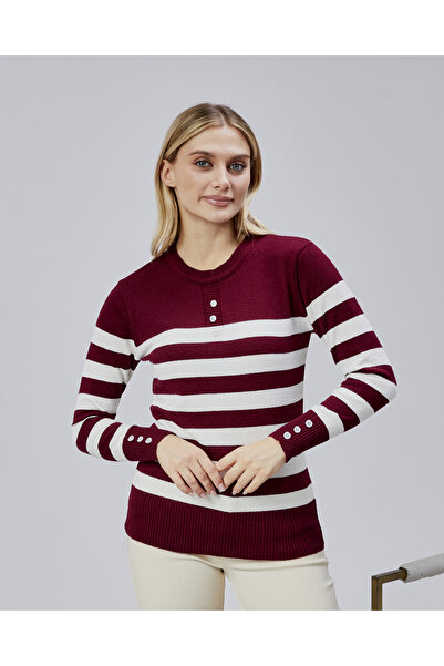 Jinx Wear Fashion Striped Wool Women's Trendy Knitwear Sweater with Collar and Cuff Button Detail