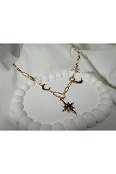 all mine Çelik Ay Yıldız Kuzey Yıldızı Taşlı Charmlı Y Kolye