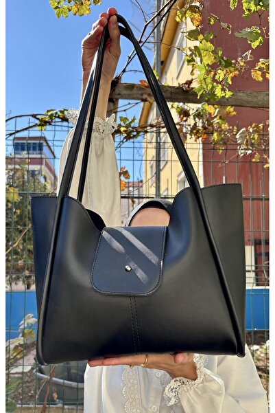 LİZZY BAG Geantă de umăr cu volum mare, cu închidere cu capsă, din piele artificială neagră Nova Tote