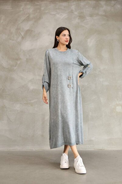 AYASOFYA OTANTIK Women's Gray Buckle Detailed Long Sleeve Vintage Loose Cotton Knitwear Dress