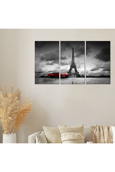 Generic لوحه جداريه - برج إيفل و سياره حمراء كلاسيكيه - 21000 - مقسمه ثلاثة قطع