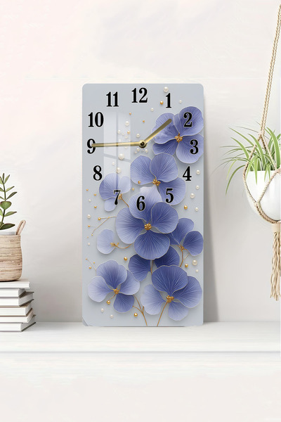 kutuTR Mavi Çiçek Desenli İnci Detaylı Temperli Cam Tablo Saat 30×60 cm HD UV...