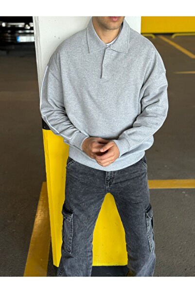 DARK MODA Men's Oversize Striped Polo Neck Button Sweatshirt