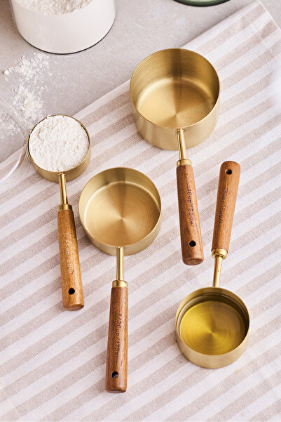 Perotti Vasto 4-Piece Large Size Stainless Steel Measuring Spoon Set with Wooden Handle Measuring Cup 60ml 80ml 125ml 250ml