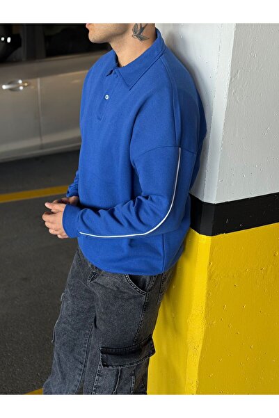 DARK MODA Ανδρικό φούτερ με oversized ρίγες με λαιμόκοψη πόλο με κουμπιά