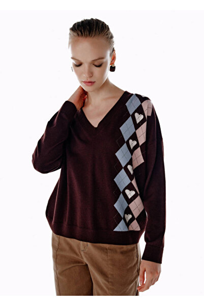 Knitss Kalpli Intersıa Desen Triko Koyu Kahverengi