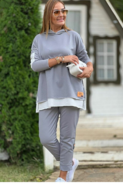 Viyamo Yeni Sezon Kadın Gri Kapşonlu Etek Ucu Detay Arma Ters Dikiş Görünümlü...