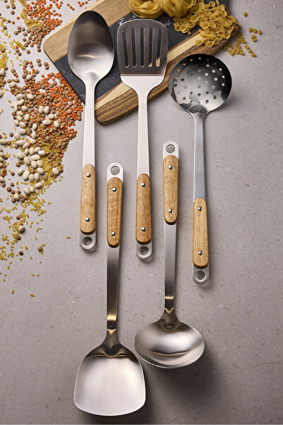 Perotti Gaia Silver Wooden Handle 5 Piece Serving Set 18/10 Stainless Steel