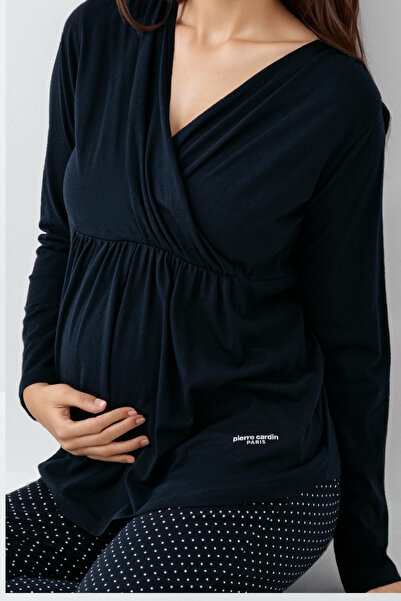 Pierre Cardin Kadın Uzun Kollu Lacivert Puantiye Desenli Hamile & Lohusa Pijama Takımı