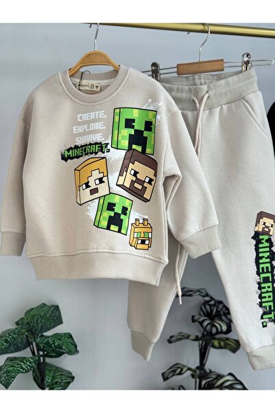 Paty Kids 💥 Yeni Sezon Minecraft Baskılı Krem Rengi Çocuk Eşofman Takımı 💥