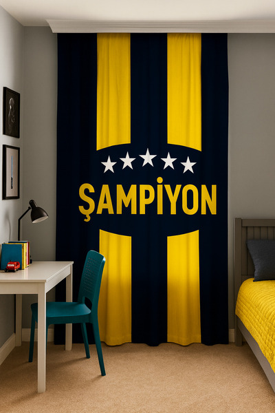 Bebişim Halı Taraftar Sarı Lacivert Çift Kanatlı Fon Perde