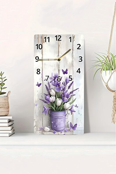 kutuTR Mor Lale ve İris Çiçekleri Desenli Temperli Cam Tablo Saat – 30×60 cm ...