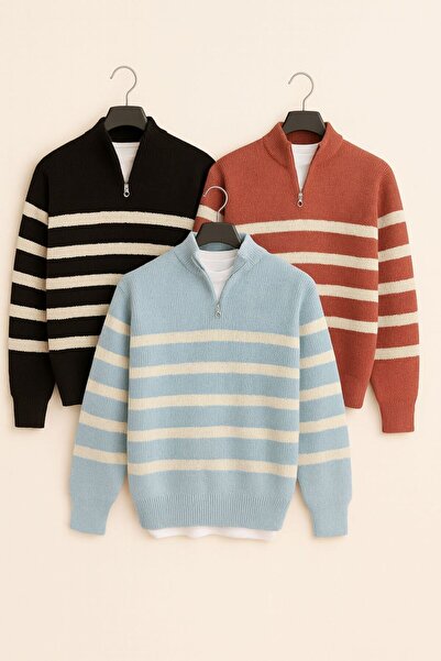 pepule Πακέτο με 3 ανδρικά πλεκτά πουλόβερ με ρίγες με μισό φερμουάρ κοτλέ
