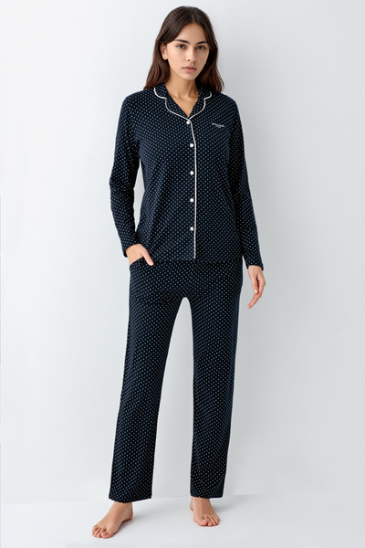 Pierre Cardin Kadın Lacivert Puantiye Desenli Uzun Kollu Pijama Takımı