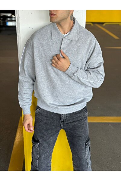 DARK MODA Men's Oversize Striped Polo Neck Button Sweatshirt