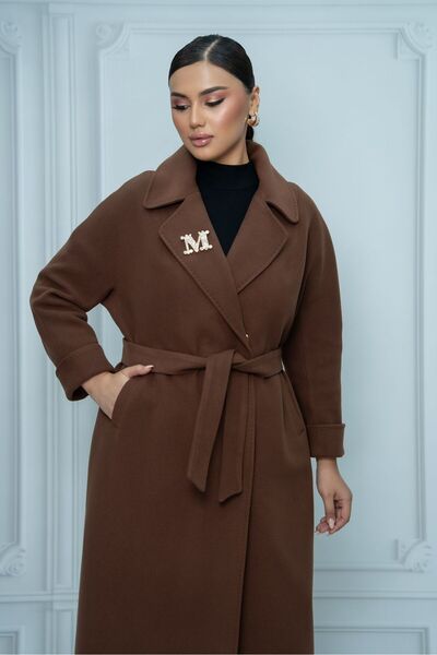 Eccim Fashion Büyük Beden Plussize Broşlu Sade Kruvaze Yaka Kemerli Uzun Kaşm...