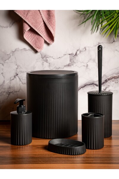 Hill Homes Black 5-Piece Bathroom Set – Luxury Trash Can, Toothbrush Holder, 2 Soap Dishes & Toilet Brush