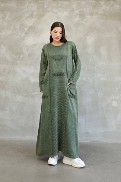 AYASOFYA OTANTIK Women's Khaki Bag Pocket Long Sleeve Vintage Detailed Loose Cotton Knit Long Dress