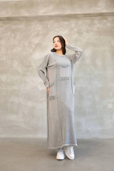 AYASOFYA OTANTIK Women's Gray Bag Pocket Long Sleeve Vintage Detailed Loose Cotton Knit Long Dress