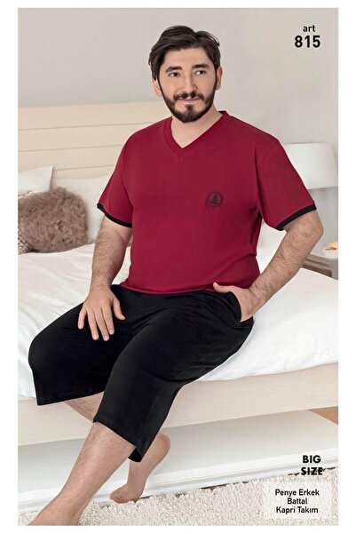 VAJESTO Men's Red Pajama Set Oversized Bermuda Cotton Short Sleeve T-Shirt wi...