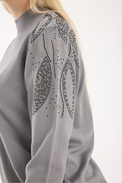 Moda Days Women's Gray Elite Viscose Fabric Stone Detailed Shoulder Half Turtleneck Knitwear Blouse