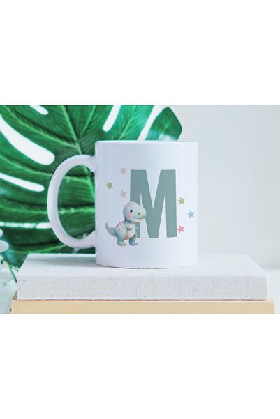 Beramussa Letter m Cute Dinosaur Mug - Dino Design with Light Green Star Deta...