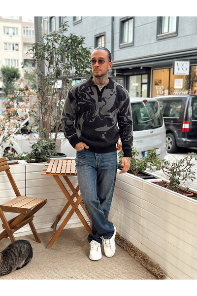 manch collection Φούτερ με μικτά σχέδια πλεκτά με λαιμόκοψη πόλο μαύρο