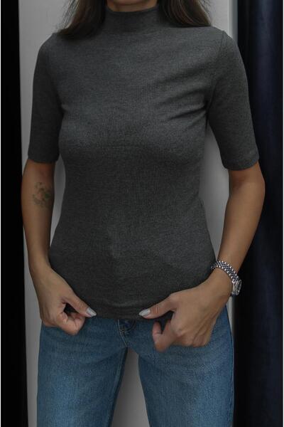 Havoş Anthracite High Neck Short Sleeve Fit Blouse