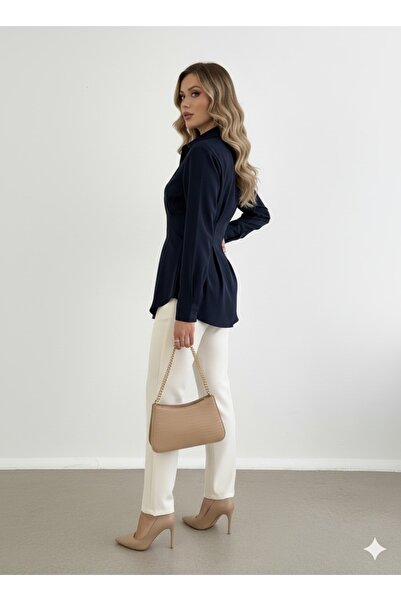 Blue Morpho Waist-Tightened Pleated Tunic Shirt