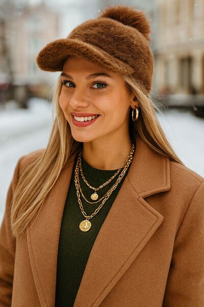 FELLMENS Brown Plush Pompom Women's Cap Hat