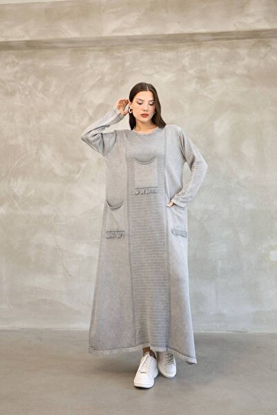 AYASOFYA OTANTIK Women's Gray Bag Pocket Long Sleeve Vintage Detailed Loose Cotton Knit Long Dress