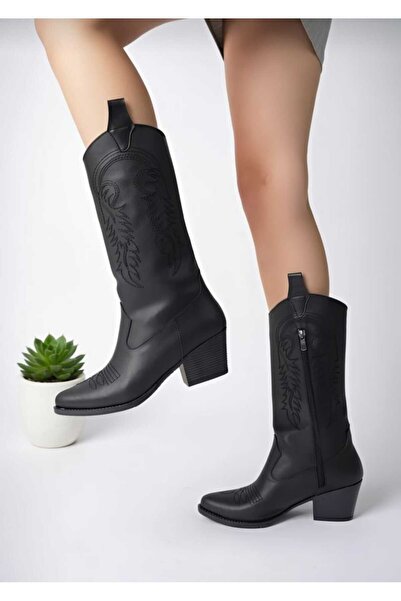LZ SHOES Kadın Siyah Deri Nakışlı Yeni Sezon Kovboy Çizme