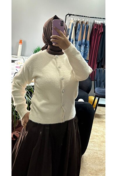 MY CİTY YASEMEN Kadın Angora Kumaş Hırka - Ekru