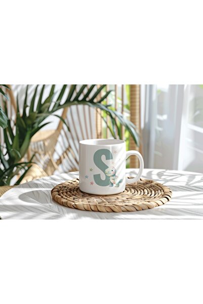 Beramussa Letter S Cute Dinosaur Mug - Dino Design with Light Green Star Detail - Gift