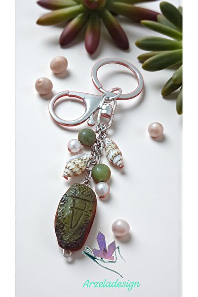 arzela Natural Stone Jade Mussel Vu Bead Tipped Keychain Abundance Prosperity Energy