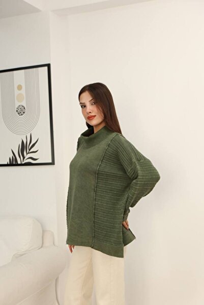 AYASOFYA OTANTIK Γυναικείο πουλόβερ με λαιμόκοψη χακί με αντίκες λεπτομέρειες, χαλαρό, oversize, βαμβακερό πλεκτό πουλόβερ