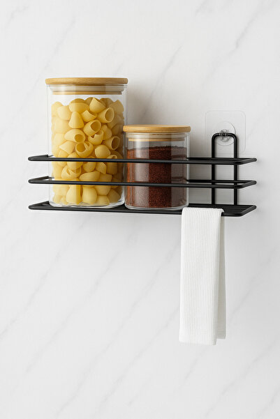RİYA HOME Yapışkanlı Tekli Banyo Rafı Mat Siyah, Yapışkanlı Mutfak Baharatlık Rafı