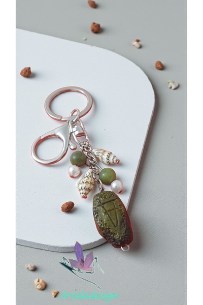 arzela Natural Stone Jade Mussel Vu Bead Tipped Keychain Abundance Prosperity Energy