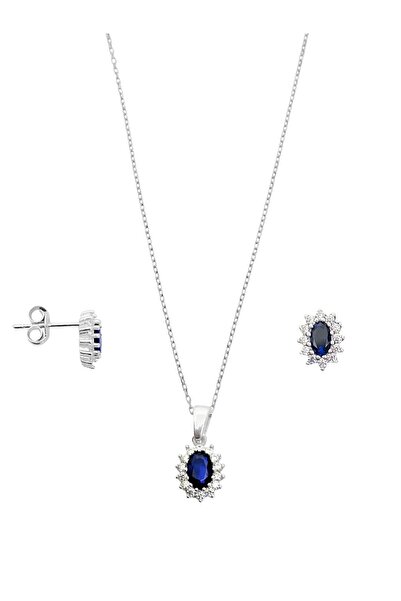oya silver Mini Beyaz Işıltı Çevrili Safir Taşlı Oval Kadın Kolye Küpe Gümüş Set