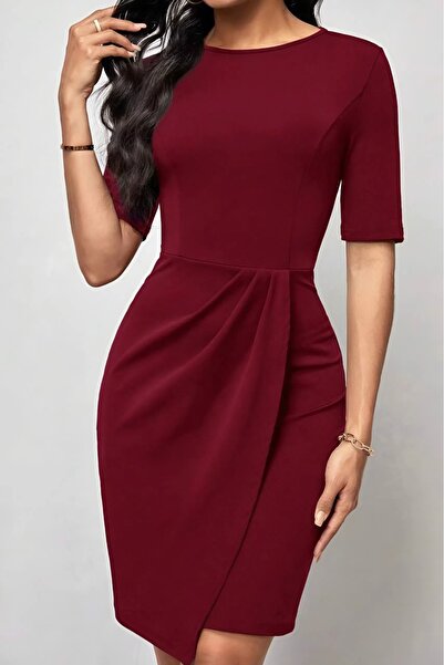 Varyete Φόρεμα από ύφασμα κρεπ με κοντό μανίκι με πλισέ στρογγυλή λαιμόκοψη