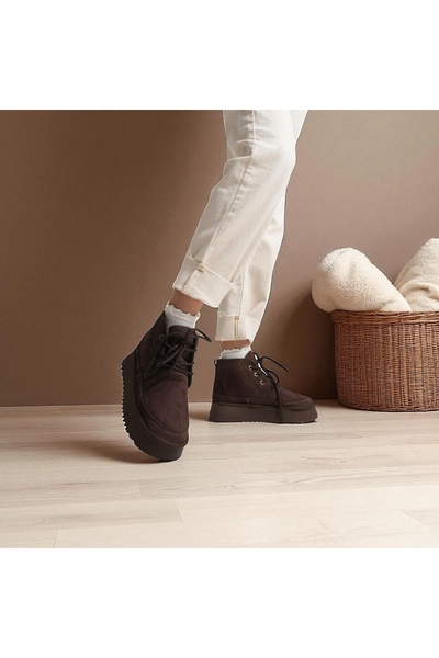 Esilapark γυναικείες μπότες με κορδόνια με χοντρή σόλα από μάλλινο σουέτ