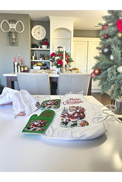 LADİJİTAL BASKI ÇÖZÜMLERİ New Year - Kitchen Set with Santa Claus Image Apron&Gloves&Hat