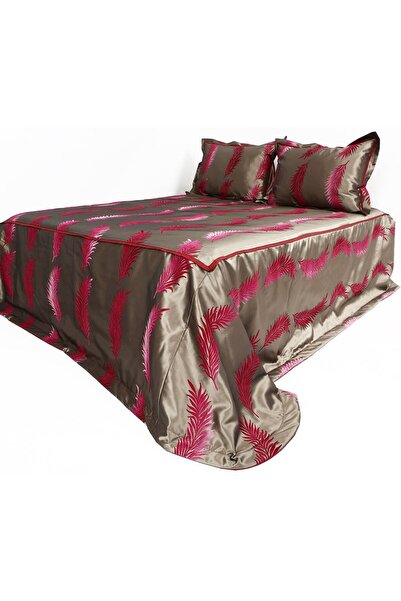 YASTIKMİNDER BY MELEK GÜVEN YATAK ÖRTÜ TAFTA KAHVE PEMBE FLOK PALMİYE YAPRAKL...