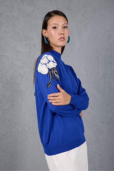 Clothes Fast Women's Saks Blue Elite Viscose Fabric Stone Detailed Shoulders Half Turtleneck Knitwear Blouse