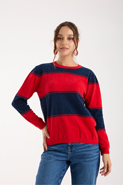 Clothes Fast Women's Red-Navy Two-Tone Cross Contrast Stitch Detail Chenille Velvet Knitwear Blouse