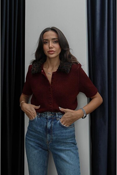 Havoş Bordo Leopar Kürk Detaylı Kazak