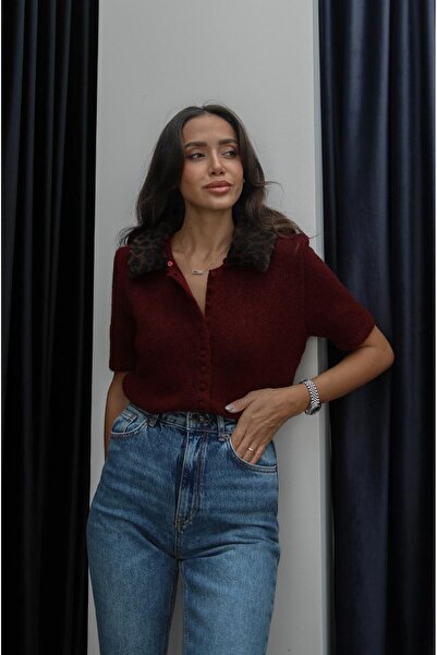 Havoş Bordo Leopar Kürk Detaylı Kazak