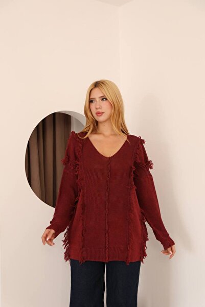 AYASOFYA OTANTIK Pulover de damă, bordeaux, cu decolteu în V, cu detaliu cu c...