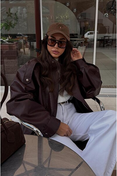 Havoş Burgundy Stand Collar Faux Leather Jacket